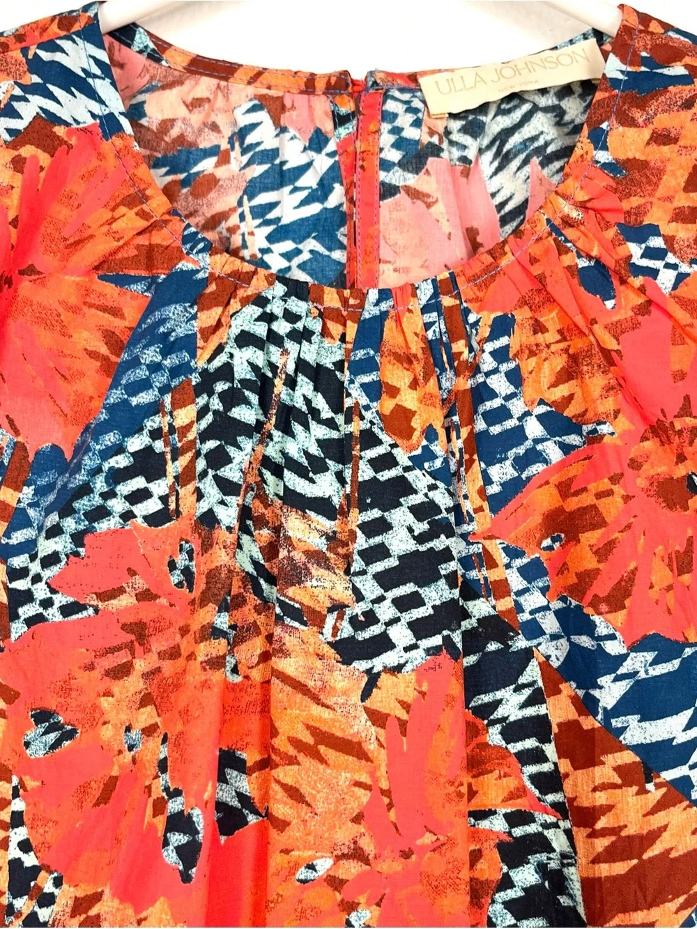 Ulla Johnson Iren Orange & Blue Cotton Puff Sleeve Blouse Top Size 0